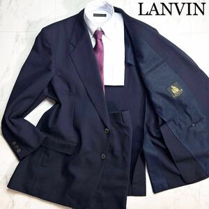 極美品◆幻のXL-XXL★LANVIN ランバン【光沢感を羽織る】とろける艶感清涼セットアップスーツ 内メッシュ◎立体エンボス凹凸テーラード濃紺