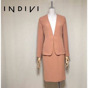 【INDIVI】インディヴィ 定価3.5万 洗える ジュリアライク スカートスーツ 36/Sサイズ相当 ノーカラージャケット レディース 日本製
