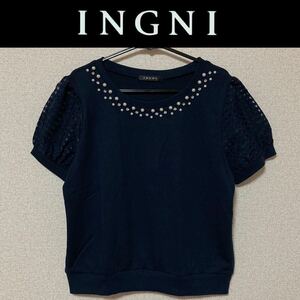 １回着新品同様☆INGNI パール装飾付 半袖異素材トップス M 紺ネイビー イング