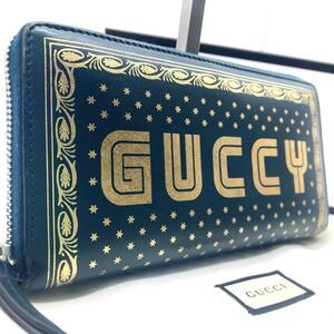 新宿店限定箱付/定価10万相当/美品●GUCCI グッチ メンズ 長財布 ラウンドファスナー SEGAコラボ 総柄 緑×ゴールド メタリック レザー