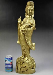 C-234 仏像 木製 金色 高さ47センチ 観音菩薩 仏教 木彫 Kannon Buddha statue 古玩 蔵出