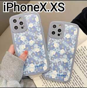 iPhone X XS ケース　花柄　ブルー系　レザー風