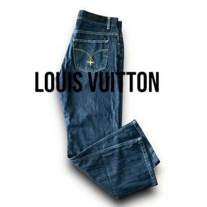 A18 極美品 定価20万 42 L前後『ルイヴィトン LOUIS VUITTON』LV モノグラム刺繍 ロゴ刺繍デザイン デニムパンツ ジーンズ 濃紺ブルー