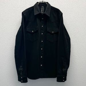 クロムハーツ デニム ウエスタン シャツ L ブラック クロスボールボタン レザー クロスパッチ 長袖 ワーク ミリタリー CHROME HEARTS