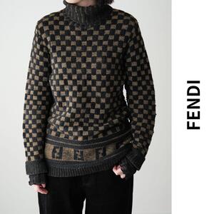 美品 FENDI フェンディ ズッカ柄 ニット セーター タートルネック ミドル丈 ストレッチ FF柄 old fendi vintage 36