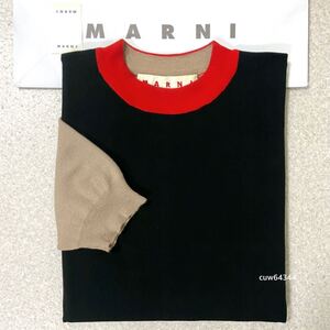 国内正規品 美品 38（S〜M） MARNI マルニ カシミヤ／ナイロン 異素材 切り替えし 半袖 ニット セーター 黒×ベージュ×赤 純正ショッパー