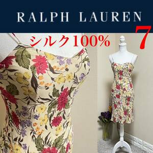 美品！ラルフローレン　キャミソールワンピース　シルク　ドレス　上品　花柄　7 S RL Ralph Lauren RALPH LAUREN