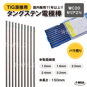 TIG 溶接用 タングステン電極棒 WC20 線径：2.4mm 10本 長さ150mm セリウム セリア2% 灰色 鉄 ステンレス アルミ用 大人気商品