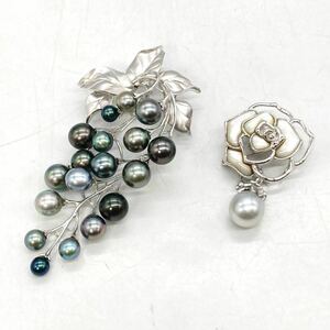 ■南洋黒蝶真珠ブローチ2点おまとめ■m 重量約46g 黒真珠 パール pearl broach jewelry accessory ペンダントトップ DA0