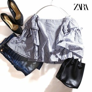 美品 ザラ ZARA 綺麗め カジュアル シンプル ストライプ柄 シャツ ショート丈 半袖 オフショルダー カットソー XS ネイビー 紺 ホワイト 白