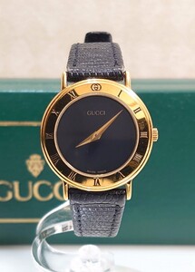 超美品 グッチ GUCCI 文字盤 レディース 腕時計 黒文字盤 3000.2L ゴールド GOLD SWISS MADE スイス製 クォーツ 純正ベルト バックル 箱 説