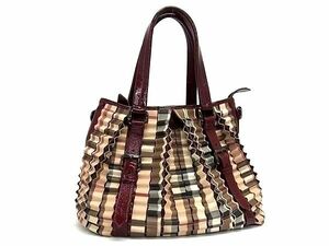 1円■美品■ BURBERRY バーバリー PVC×パテントレザー チェック柄 トートバッグ ハンドバッグ ショルダー ベージュ系×ボルドー系 AX7530