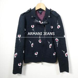 美品 ARMANI JEANS アルマーニジーンズ サイズ38 刺繍 総柄 ダブル ニット ライダースジャケット スウェットジャケット 紺 ネイビー