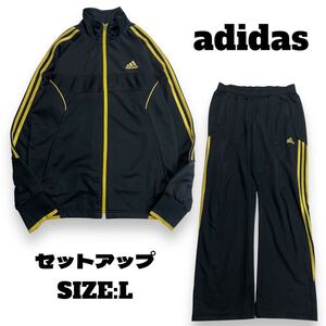 【上下セット】 adidas アディダス セットアップ ジャージ ジップアップ スポーツウェア スリーストライプス ブラック×ゴールド L