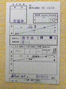 東武鉄道 駅名改称 出補 片道券 業平橋→浅草 平成24年 業平橋駅発行