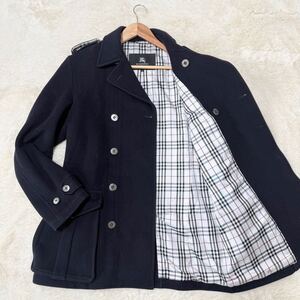 2334　【人気】BURBERRY BLACK LABEL　ナポレオンウール　コート　ノバチェック　ウール　シルク　ダブル　銀ボタン　ブラック 黒 