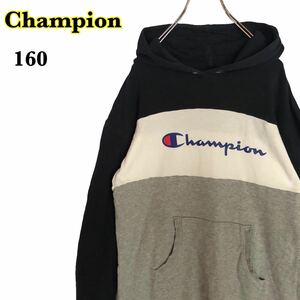 Champion チャンピオン　長袖　スウェットワンピース　フーディ　紺白グレー　薄手　キッズ　160cm 【AY0525】