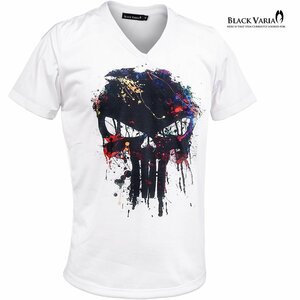 35363-s02 Tシャツ スカル ドクロ 髑髏 Vネック スリム 半袖Tシャツ プリント mens メンズ(ホワイト白スカルペイント) XL 送料370円～