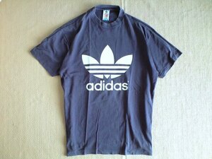 即決 USA製 90s adidas vintage ビッグロゴ トレフォイル Tシャツ 192 ナス紺 ネイビー モックネックっぽい 着丈長め