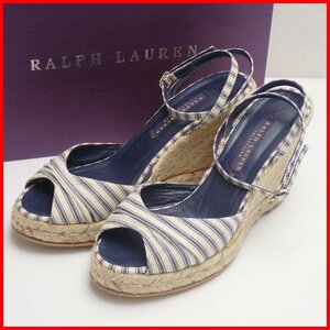 ★RALPH LAUREN/ラルフローレンコレクション ウェッジソールサンダル 7B/24cm相当/ネイビー/ボーダー/ヒール高約9cm/外箱付き&1995500006