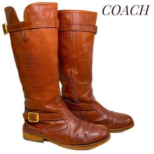 ☆即決・送料無料☆COACH コーチ WHITLEY ホイットリー レザーサイドジップロングブーツ 茶 ブラウン 24.5cm ブーツ 本革 本皮 レディース