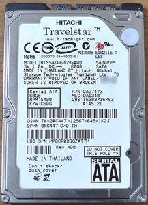 HITACHI HTS541060G9SA00 [60GB 2.5インチ 9.5mm SATA HDD 2006年製 使用時間 7471H (Cristal DiscInfo 正常) (管:KH251