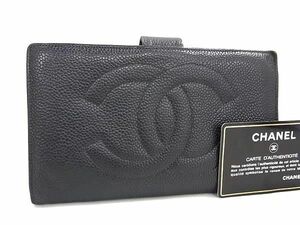 1円 CHANEL シャネル ココマーク キャビアスキン 二つ折り 長財布 ウォレット 小銭入れ 札入れ カード入れ レディース ブラック系 AY8073