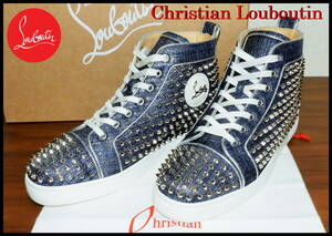 国内正規品 Christian Louboutin ルイススパイク デニム スニーカー メンズ 41 クリスチャンルブタン ハイカット スタッズ シルバー 靴