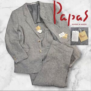 定価約10万 新品 Papas パパス カジュアルスーツ セットアップ サイズ上L/下LL グレー(黒糸×白糸) 未使用品 タグ付き 日本製 リネン A2859