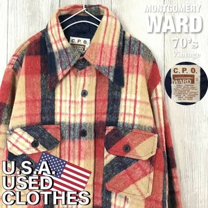 ★USA直輸入!!★70’s 正規品★【MONTGOMERY WARD】チェック柄 ヴィンテージ CPOシャツ[メンズ S]赤 青 ミリタリー 海軍 美品 K2-067