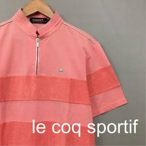 ルコック le coq sportif 男性 メンズ LLサイズハーフジッププルオーバー ピンク タオル地 ボーダー 刺繍 ニワトリ スポーツ ゴルフ £●