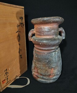 小島憲二 「伊賀窯変花生」 28cm 花生 花器 花瓶 共箱 茶道具 華道具 伊賀心窯 伊賀焼 師:小西陶蔵 bcat-33f3703