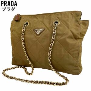 美品　PRADA プラダ　ショルダーバッグ　チェーン　カーキ　キルティング　ゴールド　ハンドバッグ　トートバッグ　三角プレート　白タグ