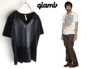 ネコポス対応 glamb グラム Falling CS フォーリングカットソー 幾何学柄 アートプリント ロゴプリント VネックTシャツ 1 ブラック 黒