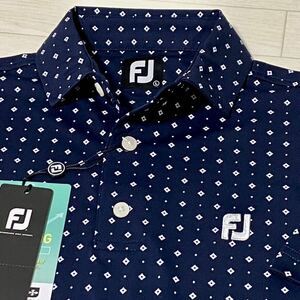 新品★FootJoy フットジョイ ダイヤ×ドット柄 吸汗速乾 4WAYストレッチ 半袖ポロシャツ★ネイビー★サイズXL★送料185円