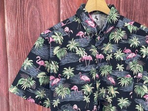 セレクト出品◆LS-1973.Lサイズ【flamingo/ブラック系】総柄シャツ/半袖シャツ/夏/ヴィンテージ/アロハシャツ