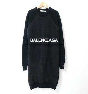 美品 BALENCIAGA バレンシアガ サイズ34 切り替え クルーネック ラグランスリープ 長袖 膝丈 ニット ワンピース チャコール系×ブラック