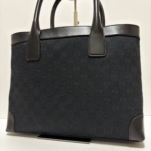 【028】美品 GUCCI グッチ トートバッグ ハンドバッグ 肩掛け GGキャンバス レザー GG柄 A4収納 ブラック 黒 メンズ レディース