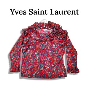 1点限り 送料無料 Yves Saint Laurent Chemisiers イヴサンローラン 総柄 フリル 長袖 ブラウス レッド size M レディース