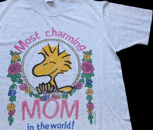 ★80s USA製 ウッドストック Most Charming MOM in the world! ラメプリント Tシャツ 杢グレー L★スヌーピー オールド キャラ PEANUTS