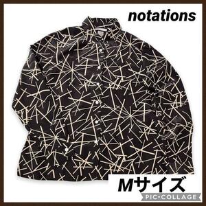 NOTATIONS OLD 柄 長袖シャツ レディース Mサイズ 黒 ポリエステル ビンテージ ポリシャツ 柄シャツ スダシャツ 長袖カットソー 幾何学模様