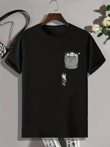 サイズ　XL　猫デザイン　ブラック生地　メンズ　半袖　Tシャツ　黒　ネコ　大きいサイズ