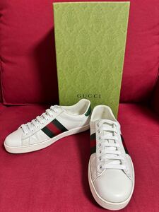 1円〜★GUCCI エース ウェブ ストライプ メンズ スニーカー グッチ ACE ホワイト レザー 白 サイズ 26.5cm 7.5 箱アリ