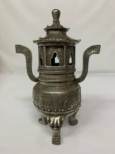 中国/乾隆年製 白銅製 塔形 三脚 香炉