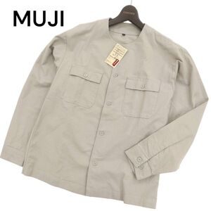 【新品 未使用】 MUJI 無印良品 通年 長袖 オーガニックコットン★ ノーカラー CPO シャツ Sz.S-M　メンズ グレー　C4T02367_3#C