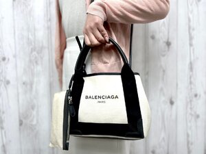 極美品 BALENCIAGA バレンシアガ ネイビーカバス XS ハンドバッグ ショルダーバッグ バッグ キャンバス×レザー ナチュラル×黒 2WAY 79619