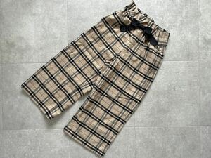 美品 キッズ 子供服 GU 長ズボン ワイド パンツ秋 冬 厚手 ベージュ×黒 系 リボン ポケット チェック ジーユー ゴム120