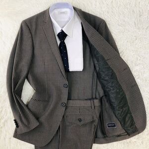 スーツカンパニー【THE SUIT COMPANY】スーツ　セットアップ　テーラードジャケット　グレー　Ｌ　ストライプ　本切羽　背抜　毛　ポリ 124