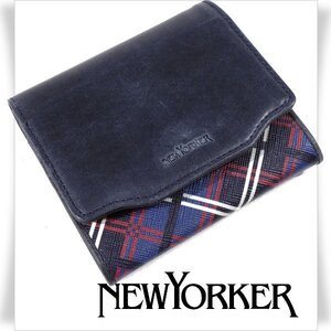 展示品1円～★NEWYORKER ニューヨーカー 牛革レザー 財布 ウォレット シャドウ チェック 本革 ブラック ネイビー 本物◆4359◆