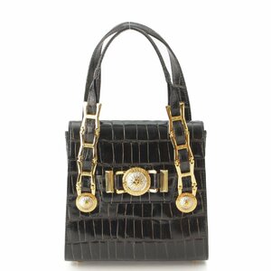 【ジャンニ ヴェルサーチ】Gianni Versace　ヴィンテージ サンバースト クロコ型押し レザー ハンドバッグ 太陽 ブラック 【中古】189113